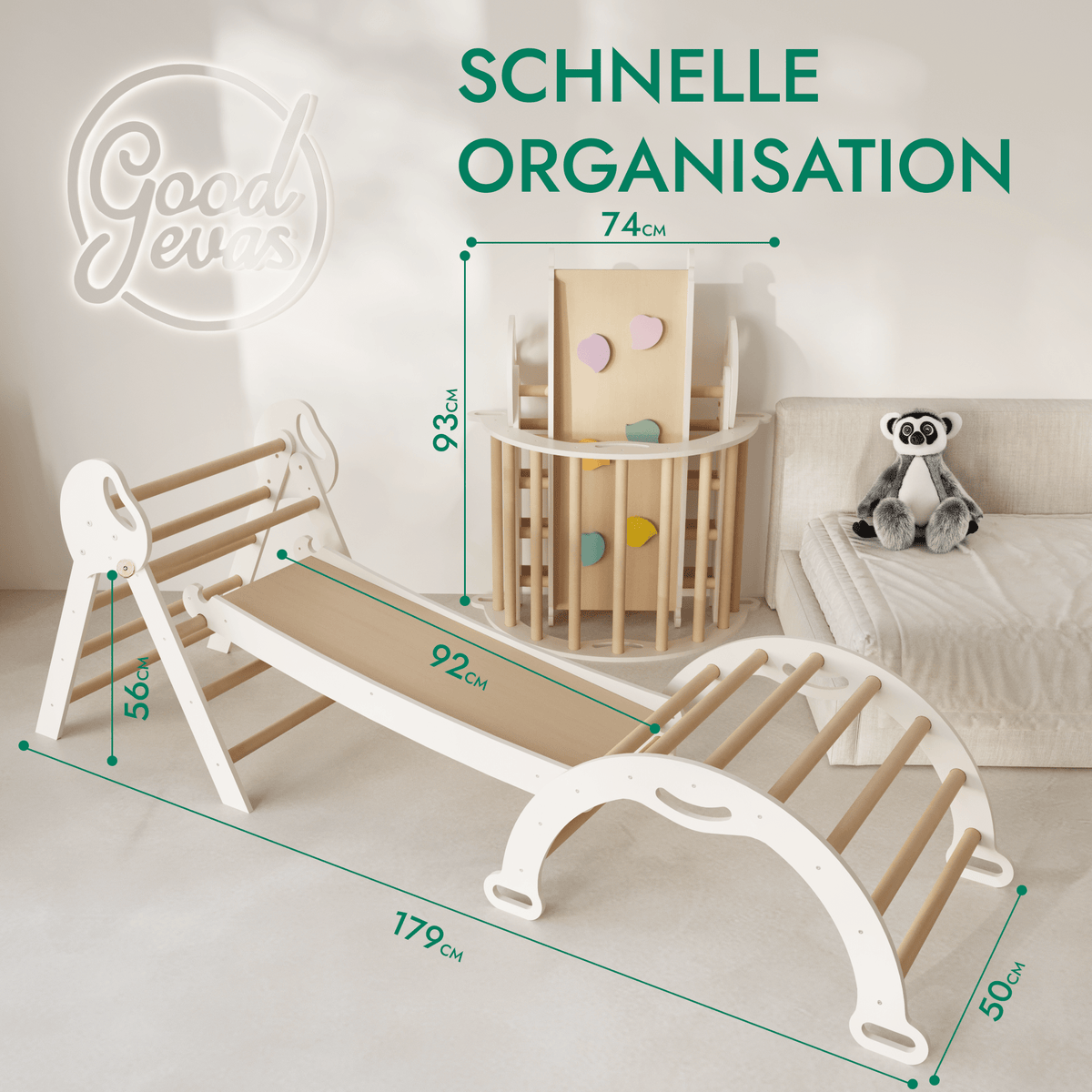 Montessori 4in1 Kletterdreieck für Babys: Pikler-Dreieck, Kletterbogen, Rutschbrett und Kissen für Kleinkinder (1–3 Jahre) - Beige
