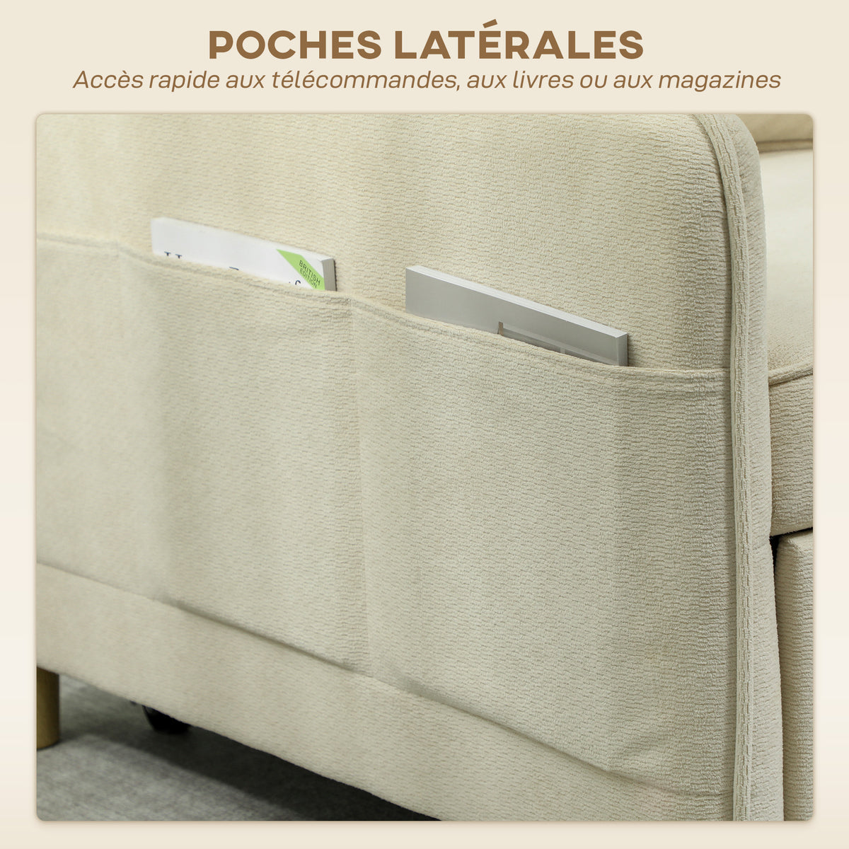 Fauteuil convertible 1 place, Fauteuil-lit Clic-Clac 3 en 1 Rembourré en Velours Grain de Maïs, Dossier Réglable, Beige