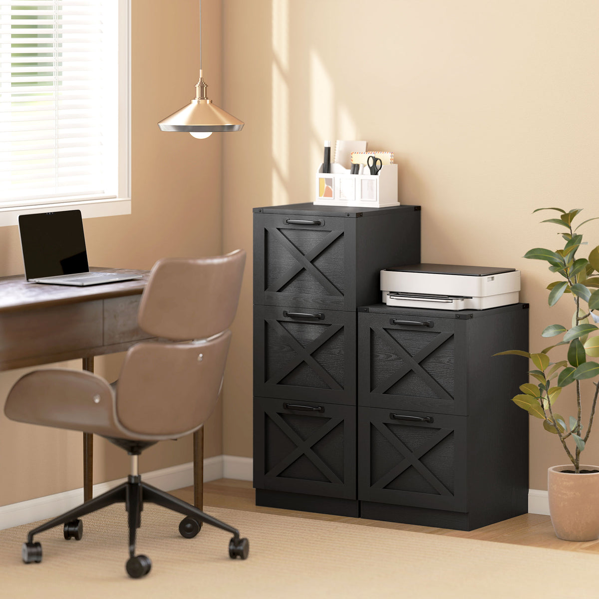 Caisson de bureau avec 3 tiroirs, dossiers suspendus pour formats lettre/A4, style rustique, 40x40x101cm, noir
