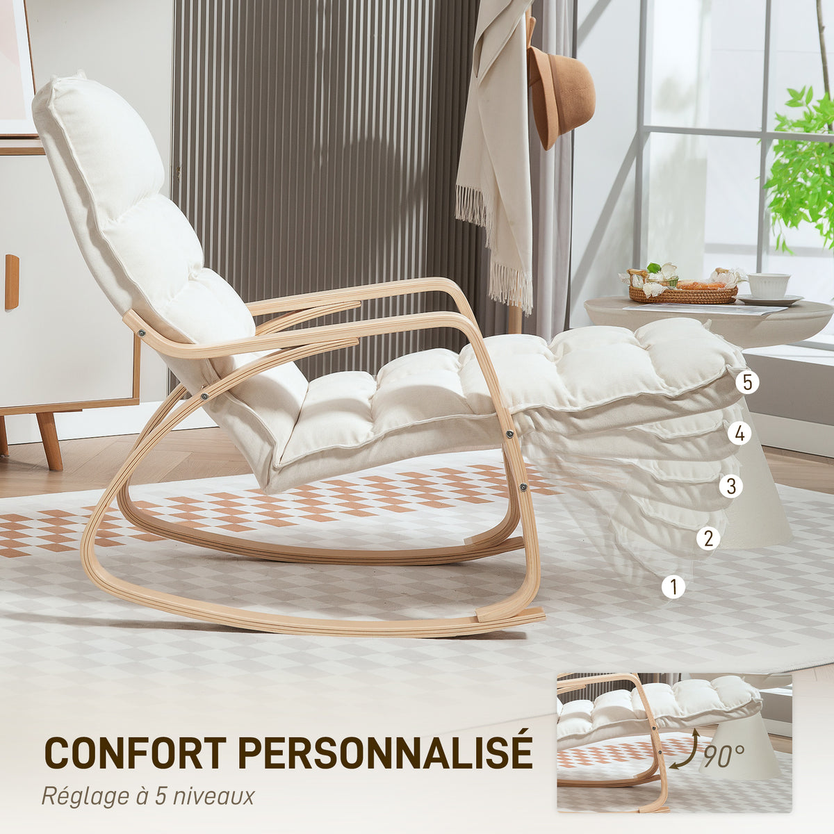 Fauteuil à bascule avec repose-pieds ajustable, rocking chair avec pieds en bois de bouleau, 67 x 106-123 x 92 cm, crème
