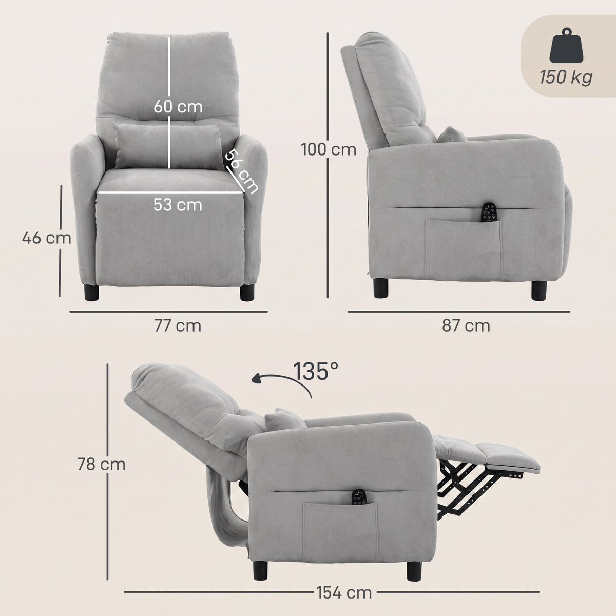 Fauteuil inclinable de massage par vibration et chauffage, Fauteuil de relaxation en tissu bouclette, Gris