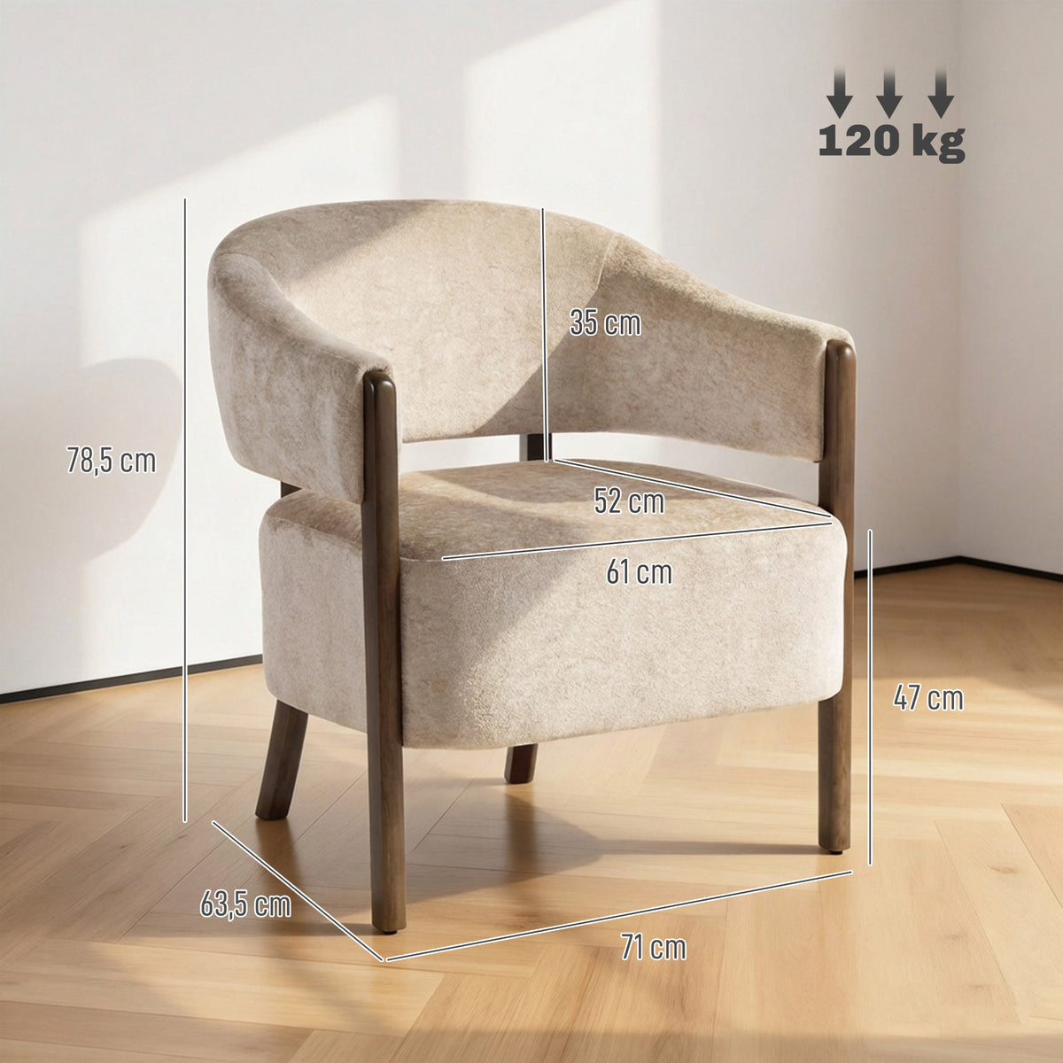 Fauteuil de salon en chenille, chaise rembourrée, assise large, dossier ergonomique, accoudoirs, 71x63,5x78,5cm, beige