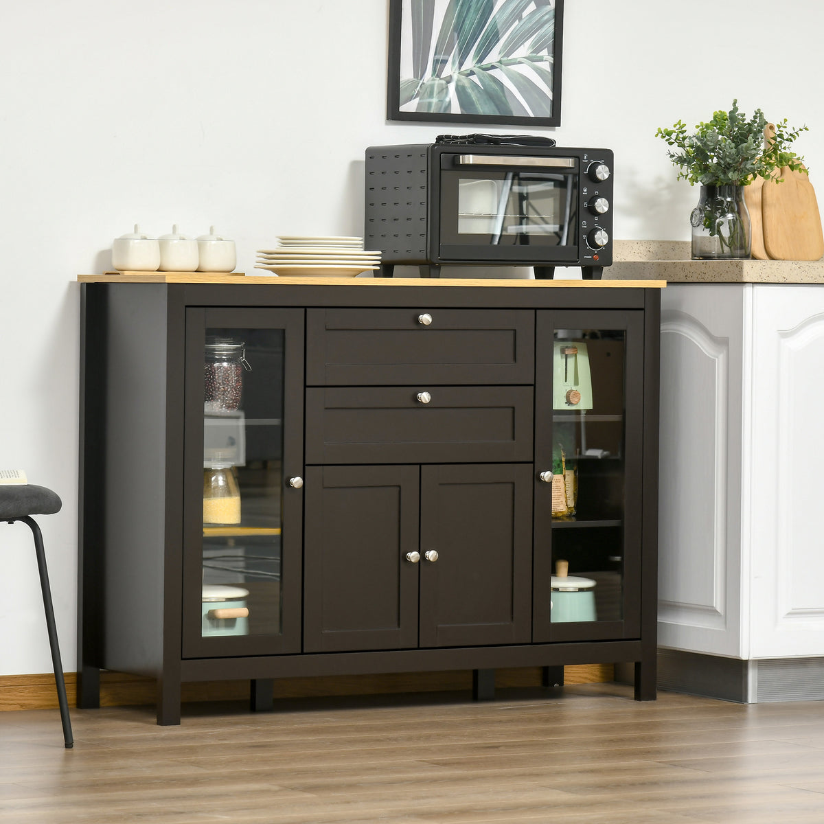 Buffet meuble de rangement 1 placard double porte 2 placards à porte vitrée 2 tiroirs étagère réglable 120x40x90cm noir