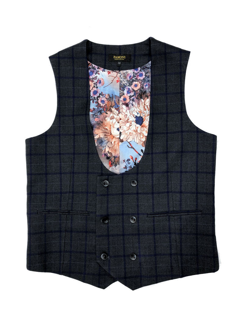 Grey W/ Blue Check Tweed Blazer W/ Matching Waistcoat-1