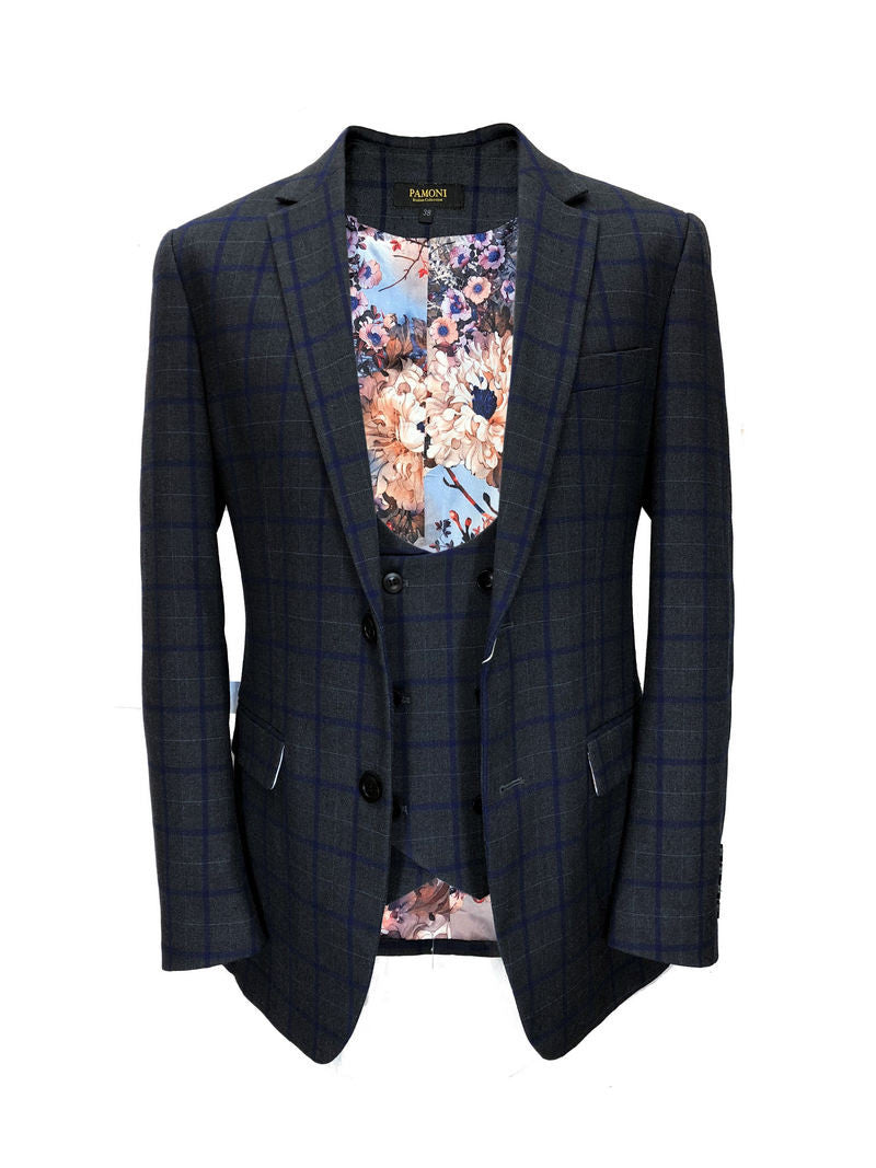 Grey W/ Blue Check Tweed Blazer W/ Matching Waistcoat-0