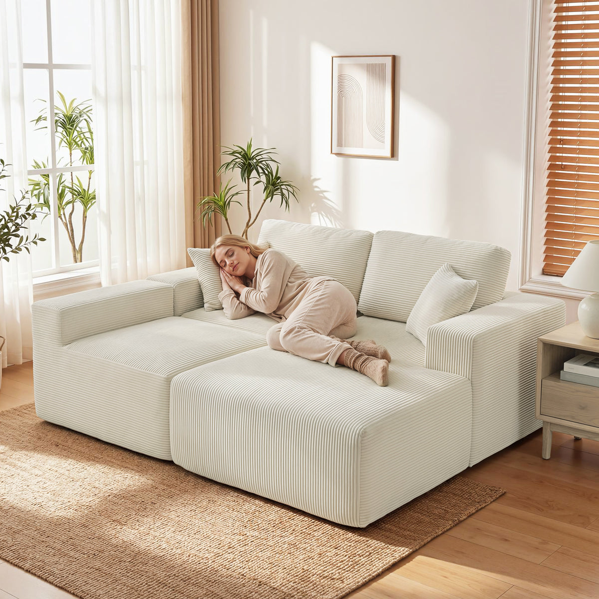 Canapé d'angle modulable 2 en 1, 267cm, canapé-lit 3 places en velours côtelé, assise et accoudoirs larges, crème