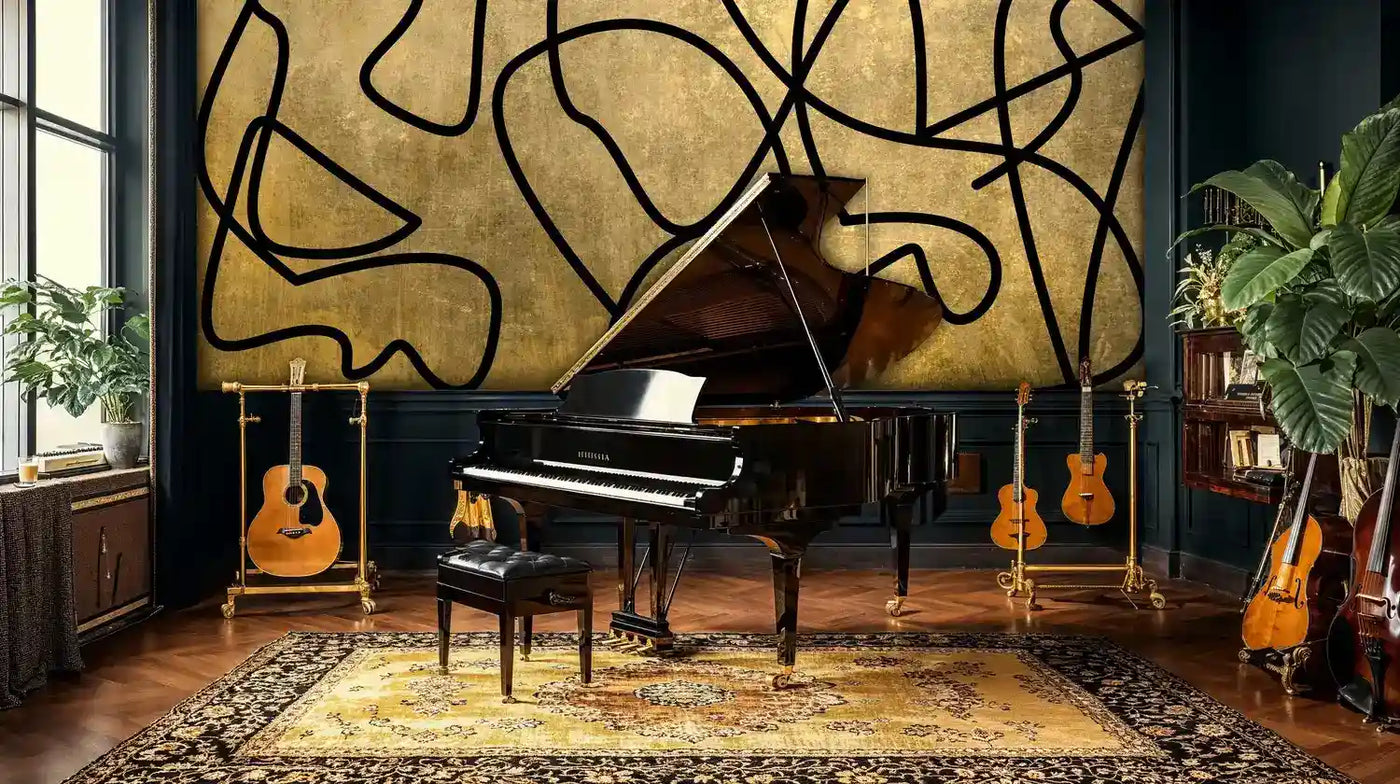 Abstract Gold and Black Linework Wall Mural-4