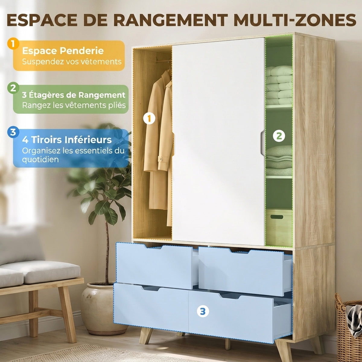 Armoire de chambre avec penderie, 2 portes coulissantes, 4 tiroirs, tringle à vêtements, étagères réglables, Chêne et Blanc