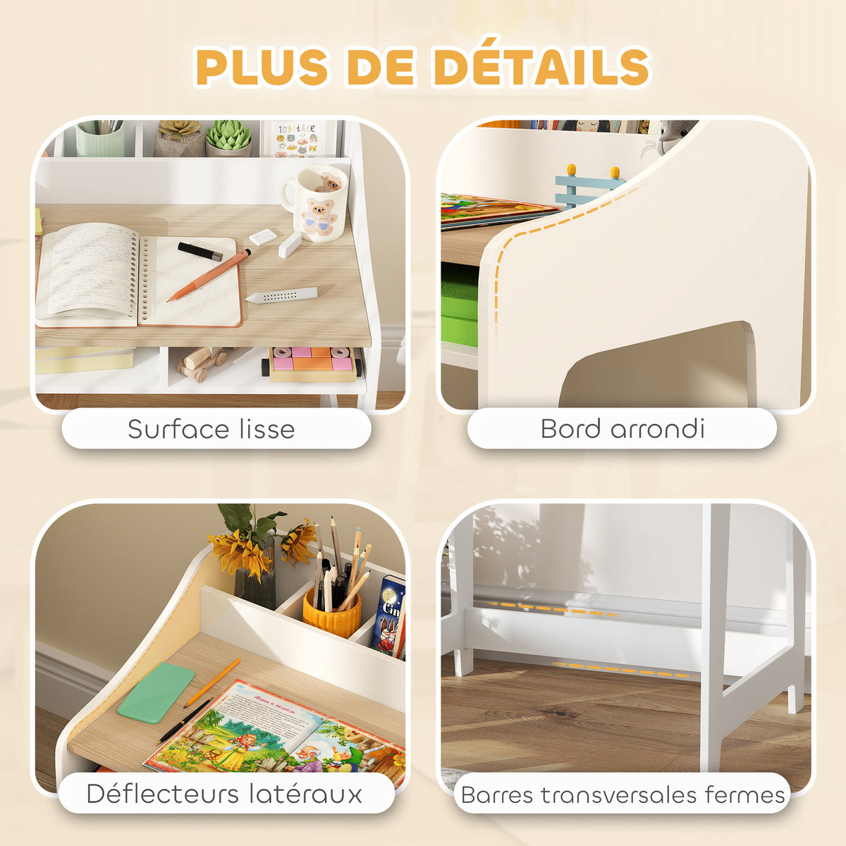 Conjunto de mesa e cadeira para criança de 3 a 8 anos com compartimentos e prateleiras abertas, efeito madeira natural