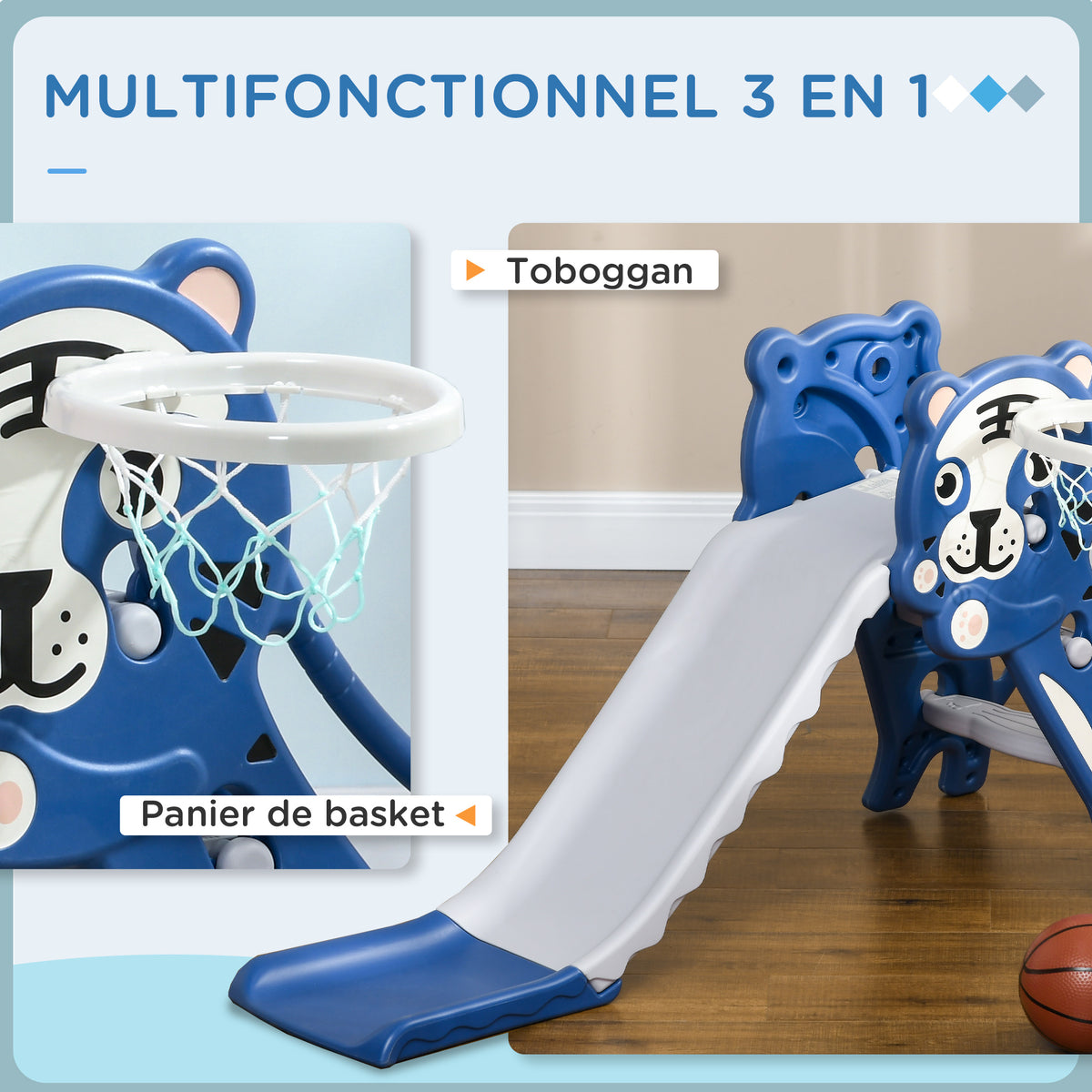 Tobogã infantil, escorrega infantil interior, com cesto de basquetebol, tema tigre, 18-36 meses, azul