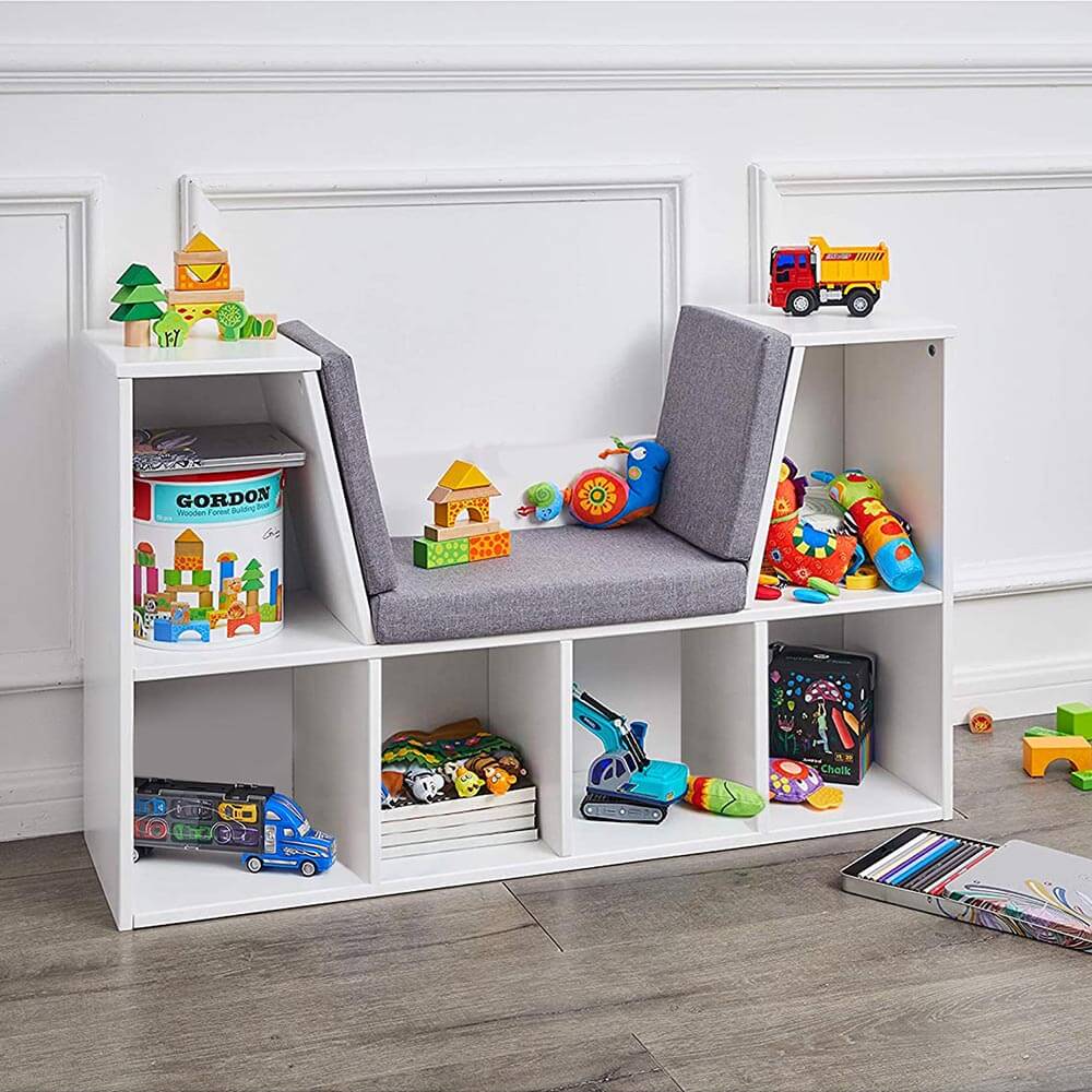 Étagère de rangement avec siège et coussin