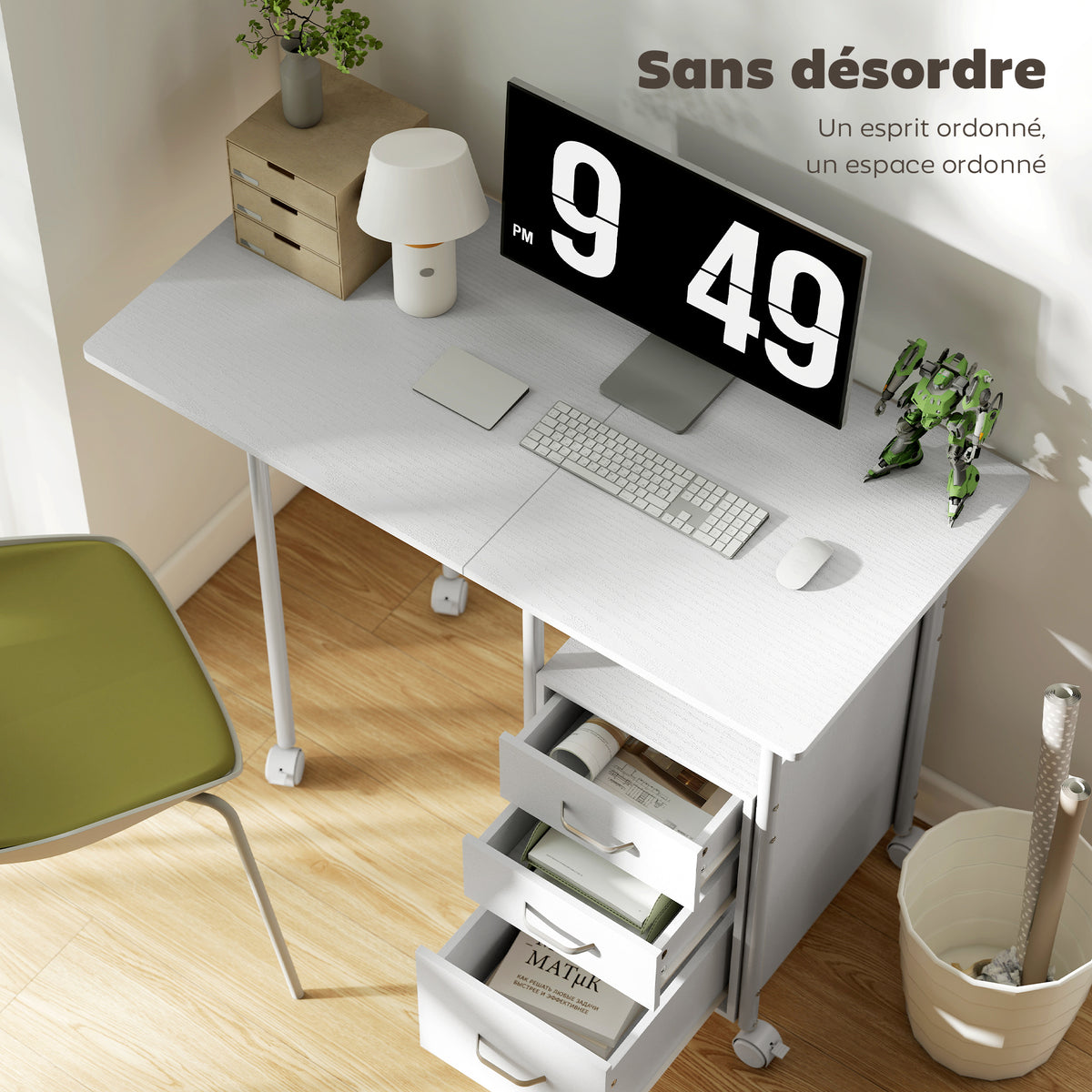 Bureau d'ordinateur pliable à roulettes, bureau avec rangement, 3 tiroirs, tablette coulissante, 105x51x75,5cm, blanc