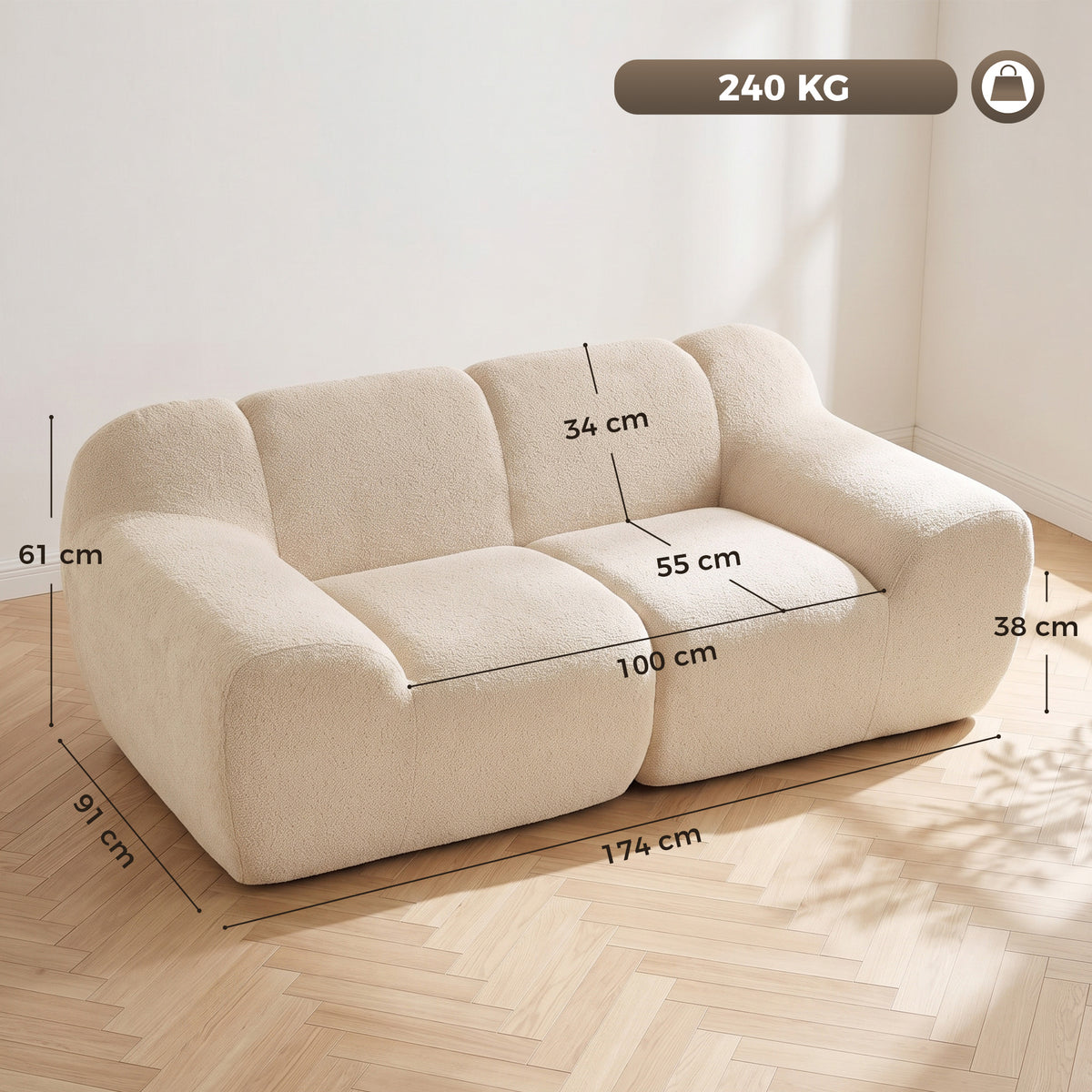 Canapé 2 Places en Chenille, Canapé de Salon 174cm, Assise et Accoudoirs Larges Rembourrés, Entièrement Compressé, Beige
