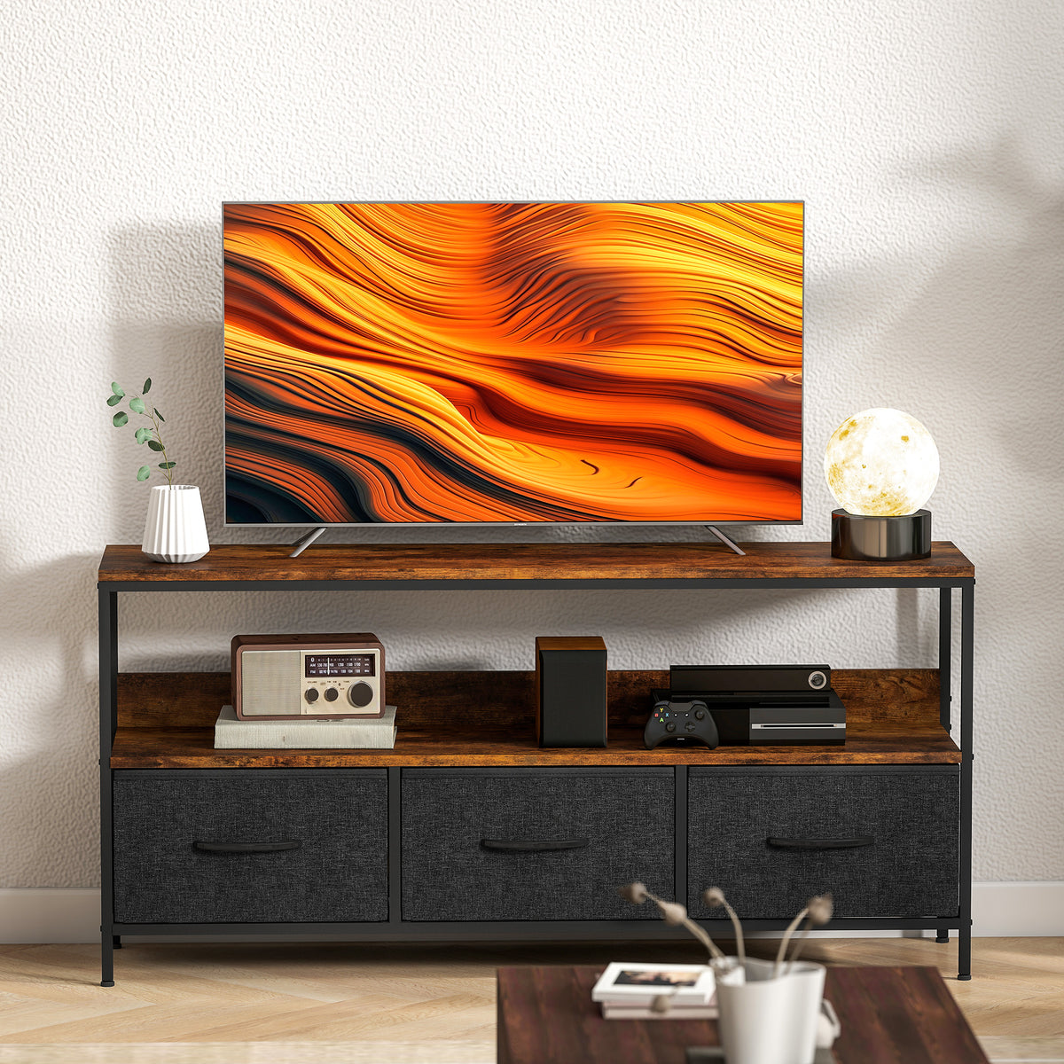 Meuble TV, meuble TV pour téléviseur jusqu'à 55 pouces avec 3 tiroirs et pieds en acier 120 x 29 x 56 cm brun rustique