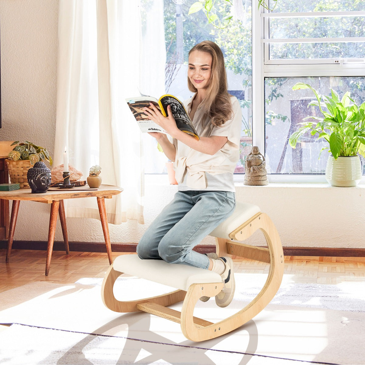 Chaise de Posture à Bascule NNECW en Bois avec Coussin Moelleux - Beige