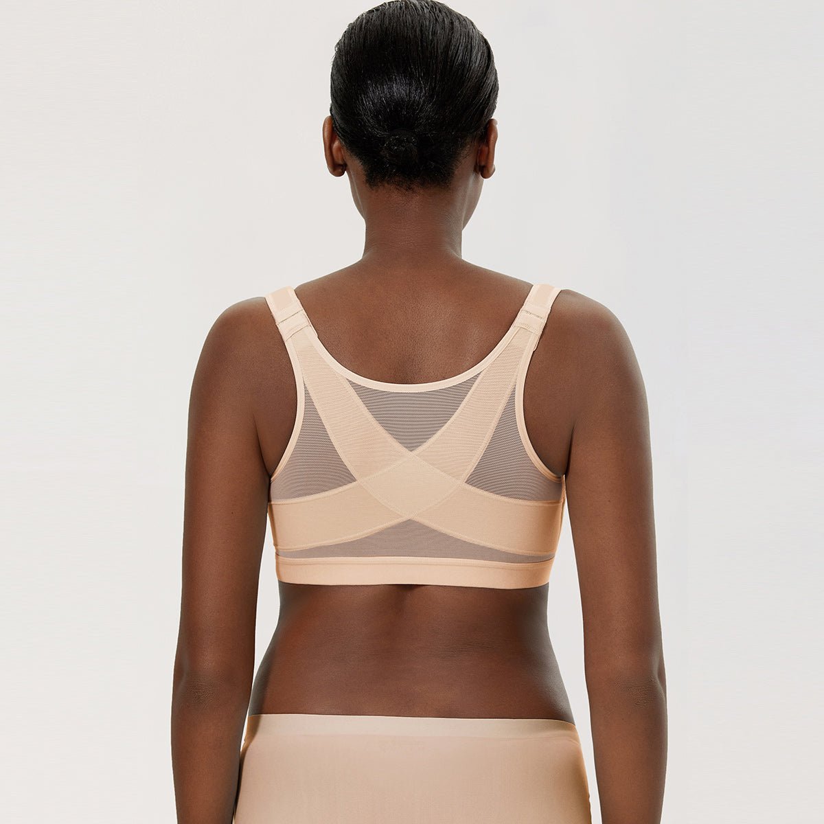 Soutien-gorge sans armature à couverture complète, fermeture avant et maintien de la posture en X dans le dos